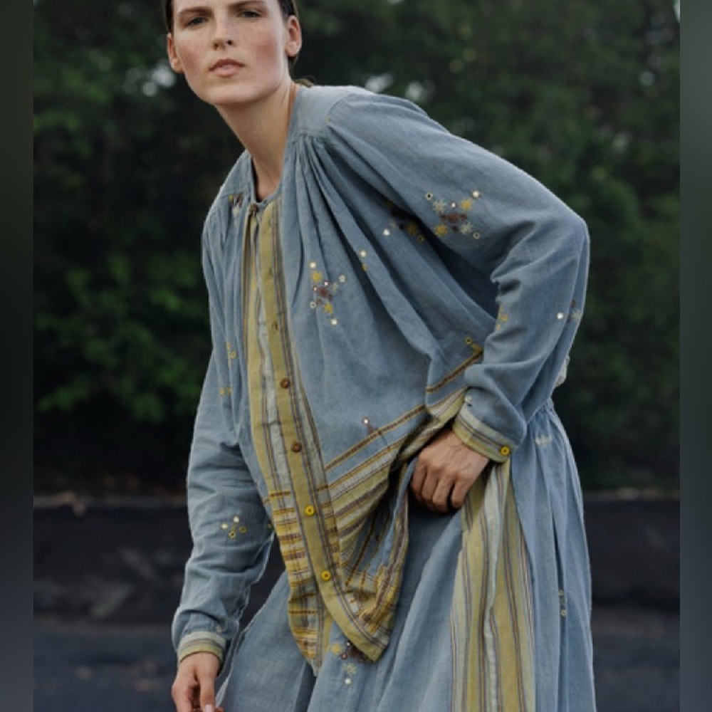 Embroidered Blue and Yellow Long Sleeve Dress